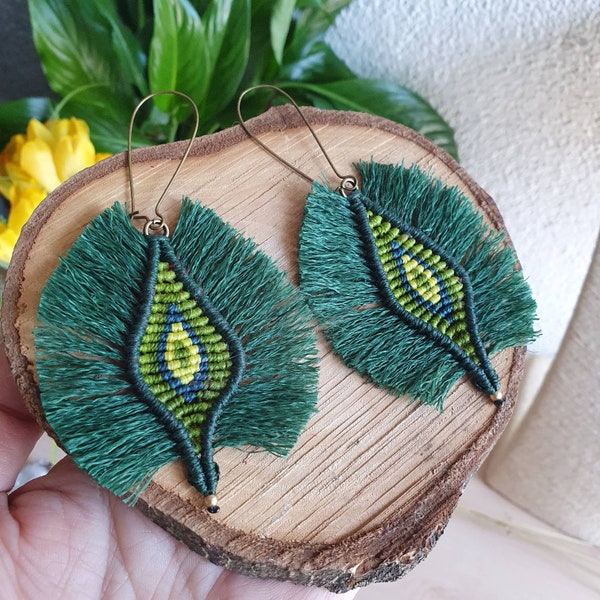 Green Macrame earrings, Native Indian Earrings,  Ethnnic Folk earrings, Tribal style earrings, cavandoli macrame art work, handmade earrings