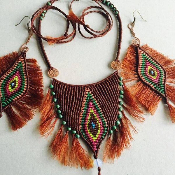 Native Indian macrame jewelry set, moon stone crystal, waxed thread and copper wire