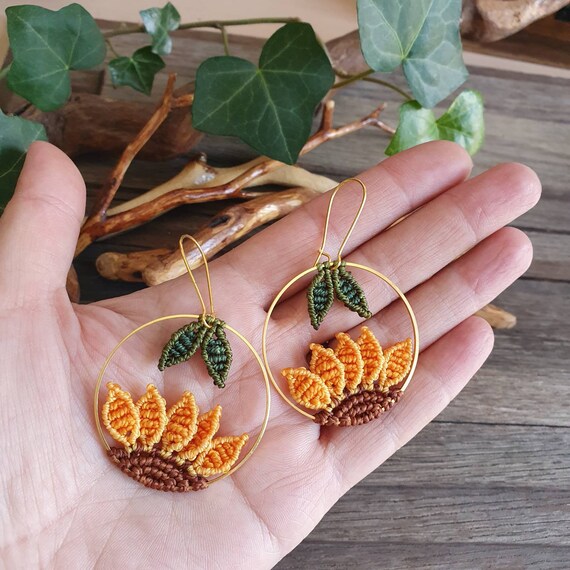 Macrame Sunflower Earrings Small Hoop Earrings Flower Earrings