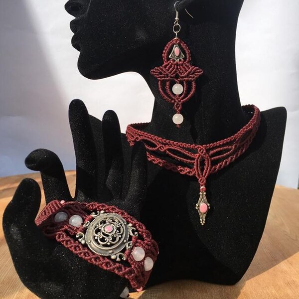 Macrame Maroon set / Choker / Earrings / Bracelet / RoseQuartz /