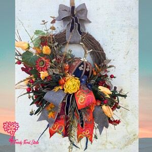 RESERVED for Connie. Fall Floral Wreath for Front Door with Handmade Velvet Pumpkin in Traditional Autumn Colors. Grapevine Modern Wreath