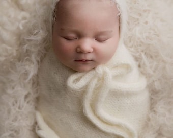 Newborn long  fluffy Wrap and Bonnet Set, wrap with bonnet and teddy, newborn wrap set,newborn photo prop ,newborn wrap
