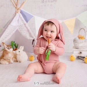 Sitter hooded Romper with bunny ears,sitter hooded romper, sitter photography props, sitter photo props, Sitter Bunny Romper