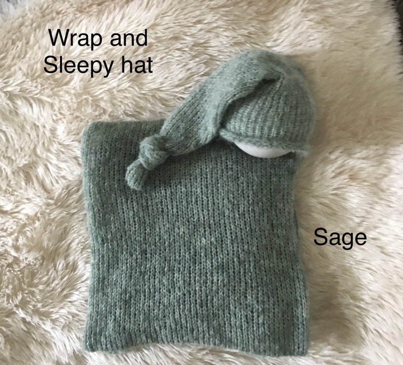 Newborn Long brushed fluffyAlpaca Wrap and Bonnet Set, long wrap set, newborn wraps, newborn photo prop, photography props, sage green