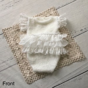 Newborn girls knitted romper with lace frills and lace flutter sleeves, newborn photo prop, newborn photography prop, newborn girls prop