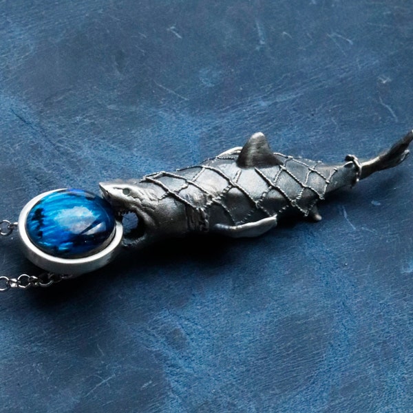 Escaping From The Net: Bull Shark, Shark Silver Pendant, Bull Shark Necklace, Aesthetic Design, Turquoise Stone, Sea, Fish, Unisex Gift