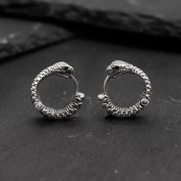 Minimal snake-inspired jewelry, Aesthetic Hoop Earrings, Ouroboros Earrings, Handmade, Sterling Silver Gothic snake, jewelry, unisex jewelry