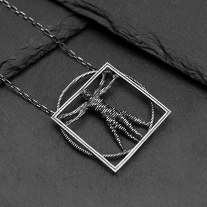 Silver Da Vinci Vitruvian necklace, Chain Mens Humankind Necklace, Silver Man Pendant, Vintage Necklace For Men Boyfriend Valentine Gift Man