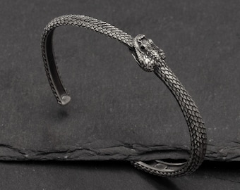 Sterling Silver Snake Cuff Bracelet: Ouroboros, Gothic Jewelry