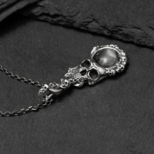 Memento Mori Skull Necklace: Oxidized Sterling Silver Magnifying Glass Pendant, Hallowen Gift