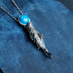 Oxidized Sterling Silver Bull Shark Pendant Necklace: Turquoise Stone