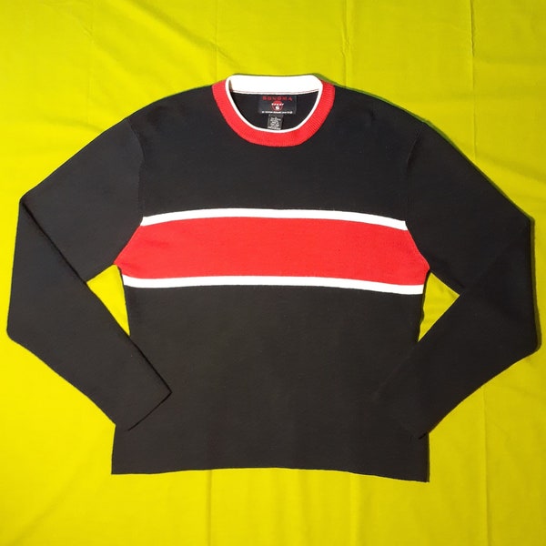 Vintage 90s Red & Black Color Block Rib Knit Sweater By Sonoma Sport | 80s stripe white grunge new wave punk goth ski sk8 mod style wool 80s