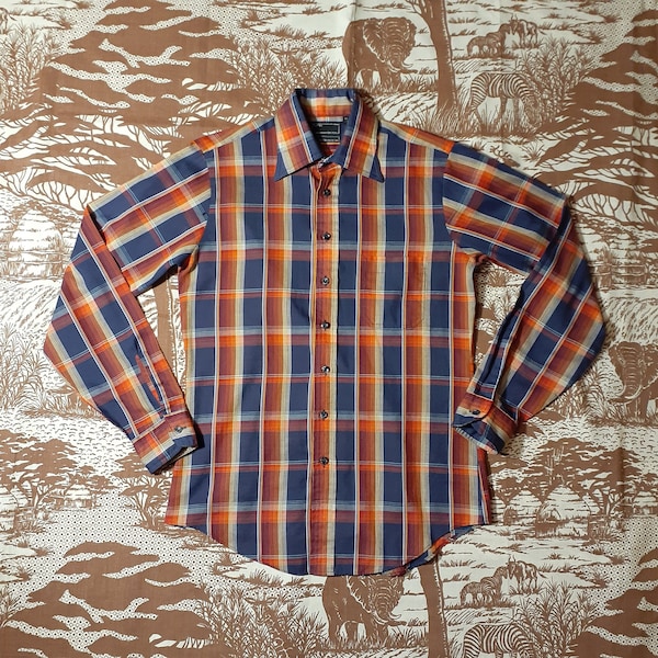 Vintage 70s Blue & Orange Plaid Wing Collar Shirt By Omni | retro disco navy boho hipster indie pointy two tone 1980s pocket single stitch