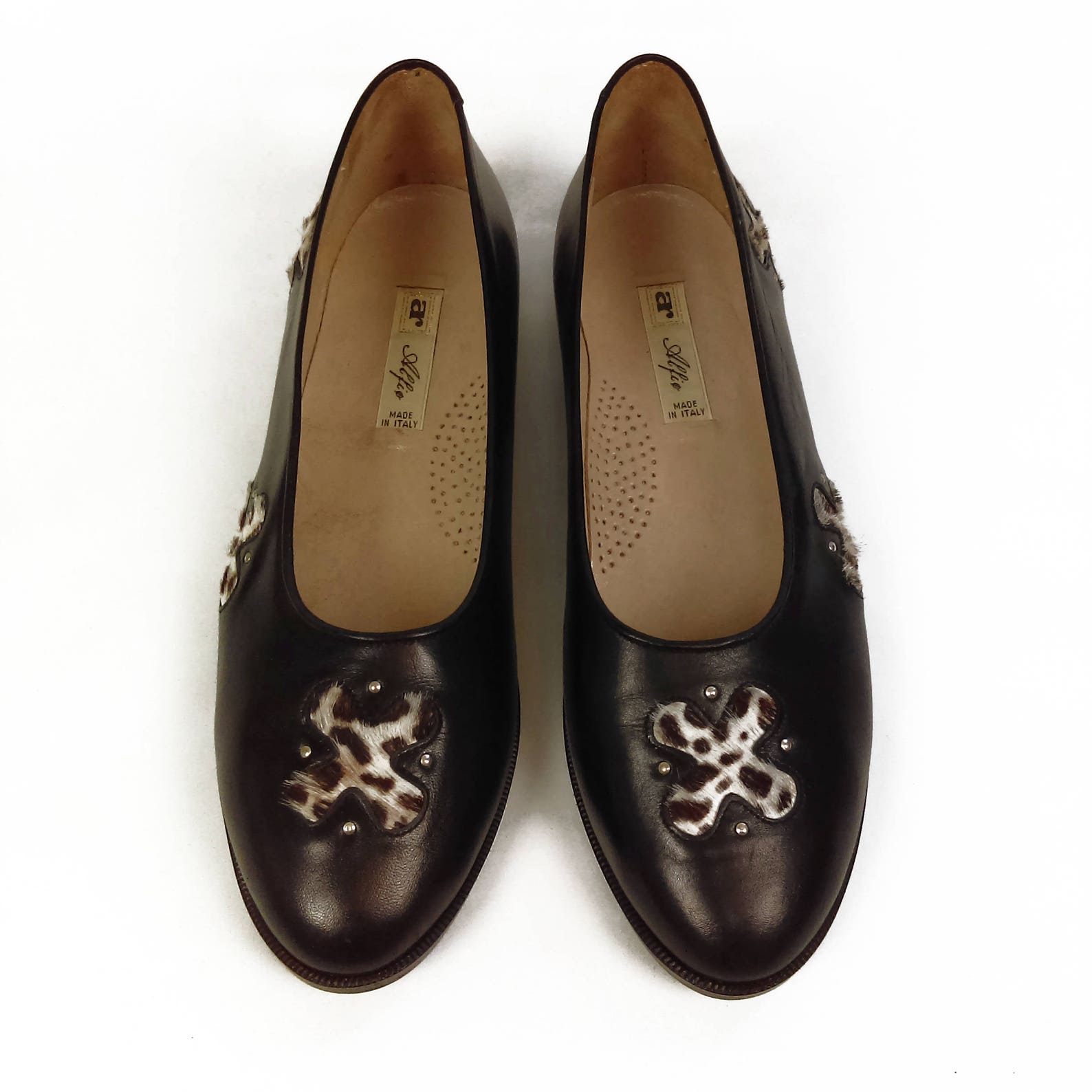 vintage 80s - 90s alfio raldo black italian leather ballet flats // calf hair // studded // rare // cuoio // grunge // 1990s //