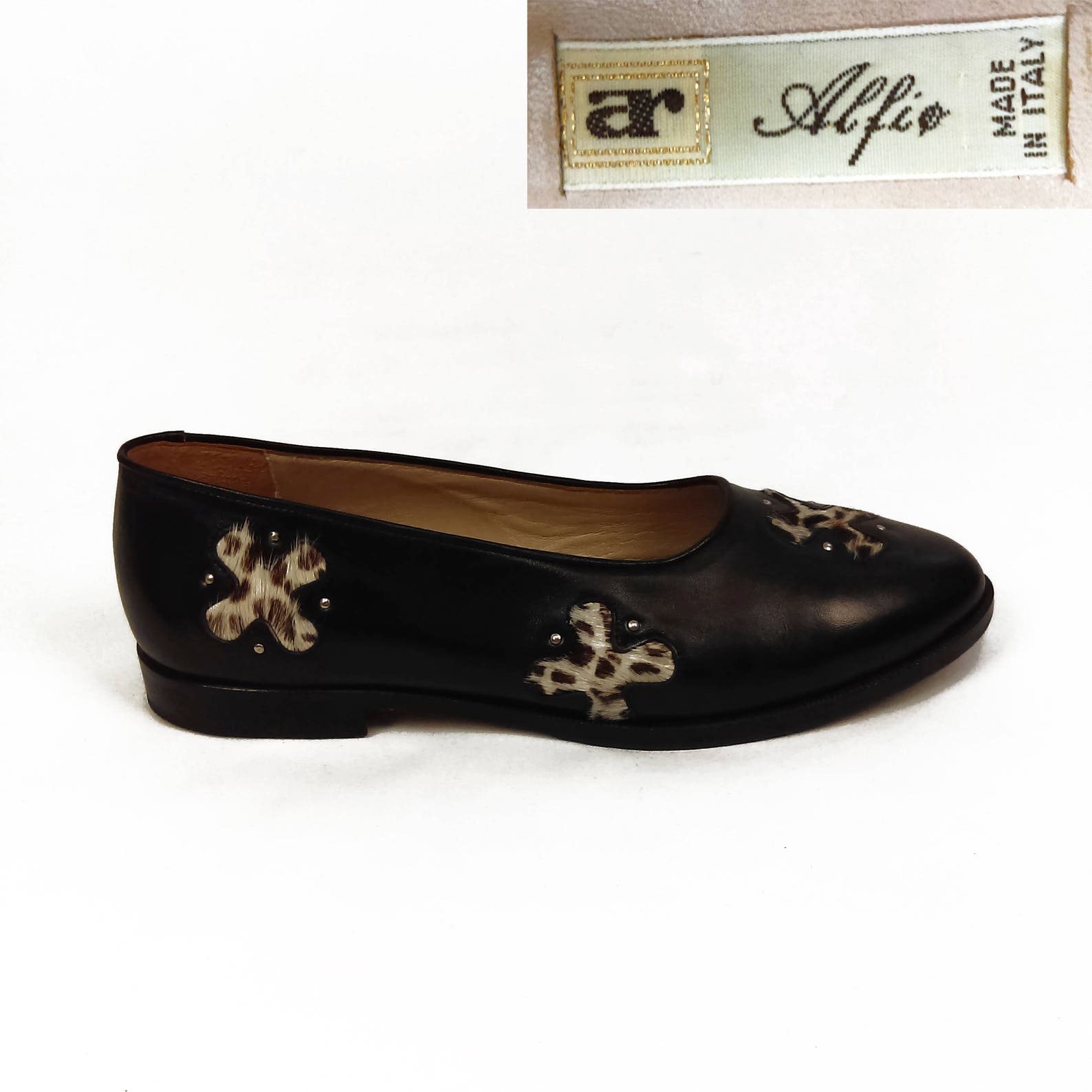 vintage 80s - 90s alfio raldo black italian leather ballet flats // calf hair // studded // rare // cuoio // grunge // 1990s //