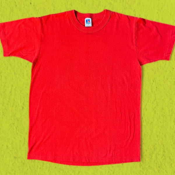 Vintage 80s 90s Blank Red Tshirt By Russell Athletic | made in usa poly cotton single stitch sports plain basic tee