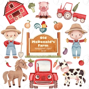 Vecchia fattoria di McDonald's, simpatica clipart di fattoria, animali da fattoria, animali da fienile, compleanno in fattoria, baby shower, svg, download digitale