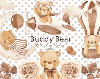 Watercolor Buddy Bear Clipart: Hand-Painted Baby Shower Graphics (Digital Download)