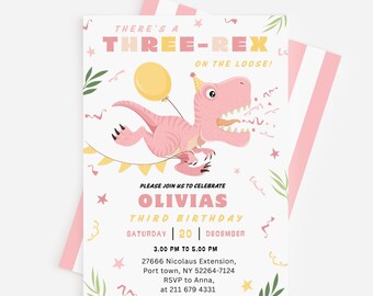 Pink Dinosaur Birthday Invitation, Editable Three Rex Birthday Invite, Girls Third Birthday Dino Party, Three-Rex On The Loose Dinosaur