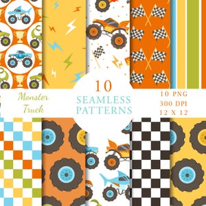 Puede incluir: Una colección de diez patrones sin costuras con monster trucks, banderas a cuadros y rayos en naranja, azul, amarillo y verde. Se muestra el texto "Monster Truck" y "10 Seamless Patterns".