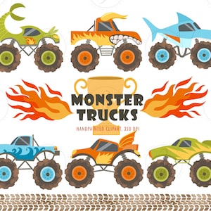 Könnte beinhalten: Eine Sammlung farbenfroher Monster-Truck-Illustrationen. Die Trucks sind mit verschiedenen Themen gestaltet, darunter ein Skorpion, ein Hai und Flammen. Der Text "MONSTER TRUCKS" wird mit einer Trophäe und Reifenspuren angezeigt.