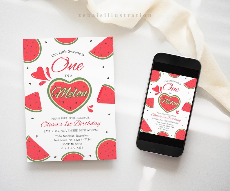 May include: A birthday invitation with a watermelon theme. The invitation features the text "Our Little Sweetie is One in a Melon" with watermelon slices and seeds. A smartphone displays the same design.