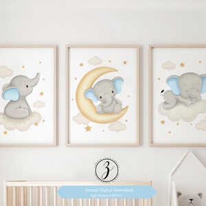 Set of 3 Blue Elephant Print, Elephant Nursery Decor, Blue Nursery Poster, Baby boy Nursery Print
