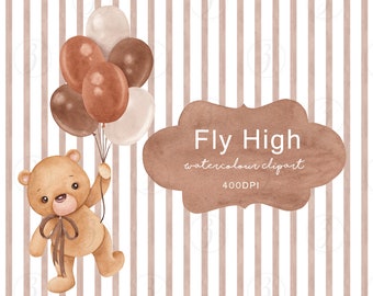 Watercolor Teddy Bear Clipart: Balloons, Baby Shower (Digital Download)
