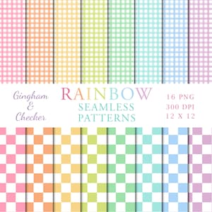 Puede incluir: Imagen digital que muestra una colección de patrones sin costuras de cuadros y cuadros de colores arcoíris. La imagen incluye el texto "Gingham & Checker" y "Rainbow Seamless Patterns". Los patrones miden 30,48 x 30,48 cm y 300 DPI.