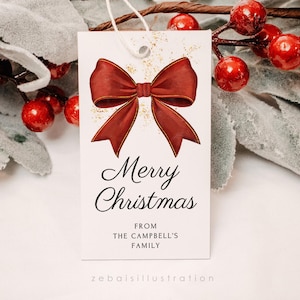 Red Bow Christmas Gift Tag Template, Hand Drawn Christmas Gift Tags, Holiday Gift Tag Personalized, gold glitter, Merry Christmas Favor Tags