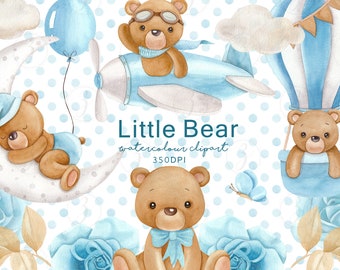 Watercolor Little Bear Clipart: Baby Shower Graphics (Digital Download)