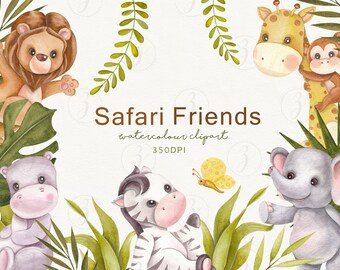 Watercolor Safari Animals Clipart: Baby Shower Graphics (Digital Download)