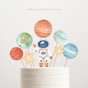 Cake Topper spaziale stampabile, centrotavola per feste di compleanno spaziale, decorazioni per la tavola spaziale, festa digitale fai-da-te con pianeti acquerello per astronauta ragazzo