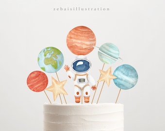 Weltall Cake Topper Geburtstagsparty Tortenstecker Geburtstag Tischdekoration Astronaut Aquarell Planeten digital