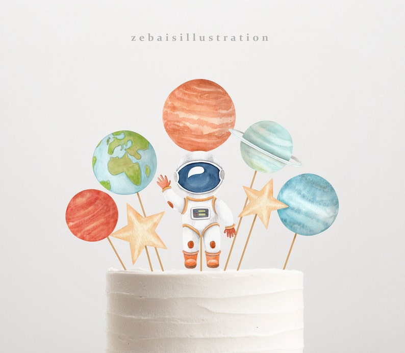 Printable Space CakeTopper, Space Birthday Party Centrepiece, Space Table Decor, Boy Astronaut Watercolor Planets Digital DIY Party image 1