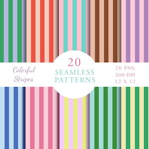 Pode incluir: Uma coleção de 20 padrões sem costura com listras verticais em várias cores. A paleta de cores inclui tons de verde, vermelho, rosa, marrom e azul. A imagem também inclui o texto "Colorful Stripes" e "20 Seamless Patterns".