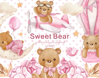 Watercolor Bear Clipart: Baby Shower Graphics (Digital Download)