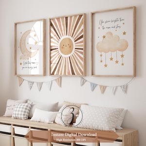 Boho Sun, Moon & Stars Nursery Prints: Watercolor Wall Art (Digital Download)