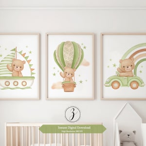 Set of 3  Green Teddy Bear Print, Bear Nursery Decor, Green Nursery Poster, Gender Neutral Nursery Print