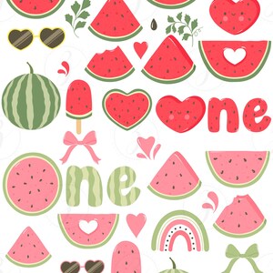 May include: A collection of watermelon-themed illustrations. Includes whole and sliced watermelons, heart-shaped slices, a popsicle, sunglasses, bows, and the word "one". The color palette features pink, red, green, and white.