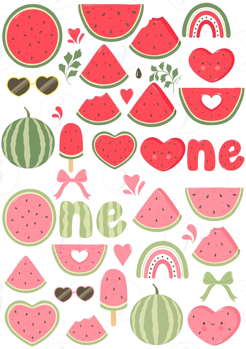 May include: A collection of watermelon-themed illustrations. Includes whole and sliced watermelons, heart-shaped slices, a popsicle, sunglasses, bows, and the word "one". The color palette features pink, red, green, and white.