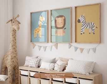 Safari Animal Nursery Prints: Lion, Giraffe, Zebra Wall Art (Digital Download)