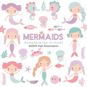 Clipart sirène mignon, sous la mer, PNG, téléchargement immédiat, clipart pour enfants, arrière-plans transparents, animaux marins, pastel