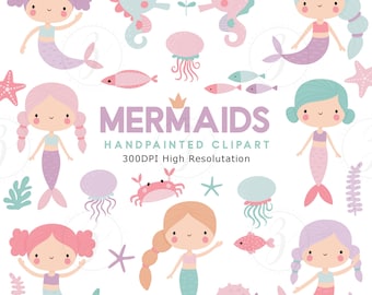 Pode incluir: Um conjunto de clipart digital pintado à mão com sereias, cavalos-marinhos, medusas e outros elementos com tema oceânico. O clipart é perfeito para criar convites, cartões e outras manualidades.
