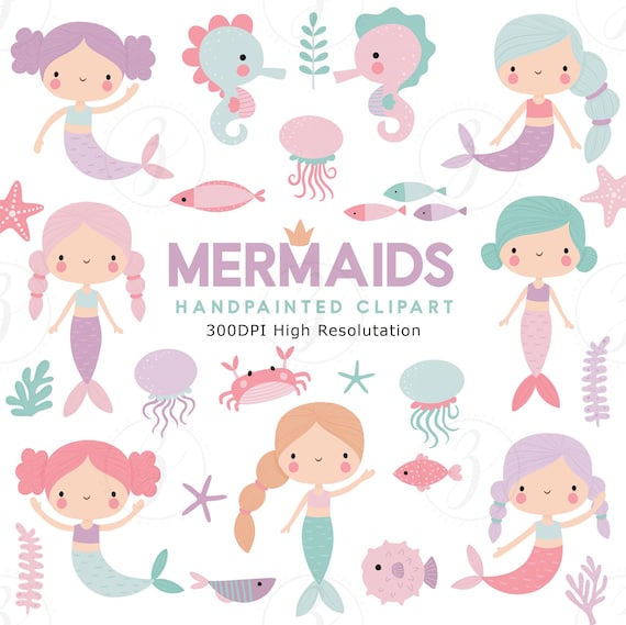 Cute mermaid clipart , Under the sea,  PNG, Instant Download, Kids clipart, Transparent backgrounds, Sea animals, Pastel