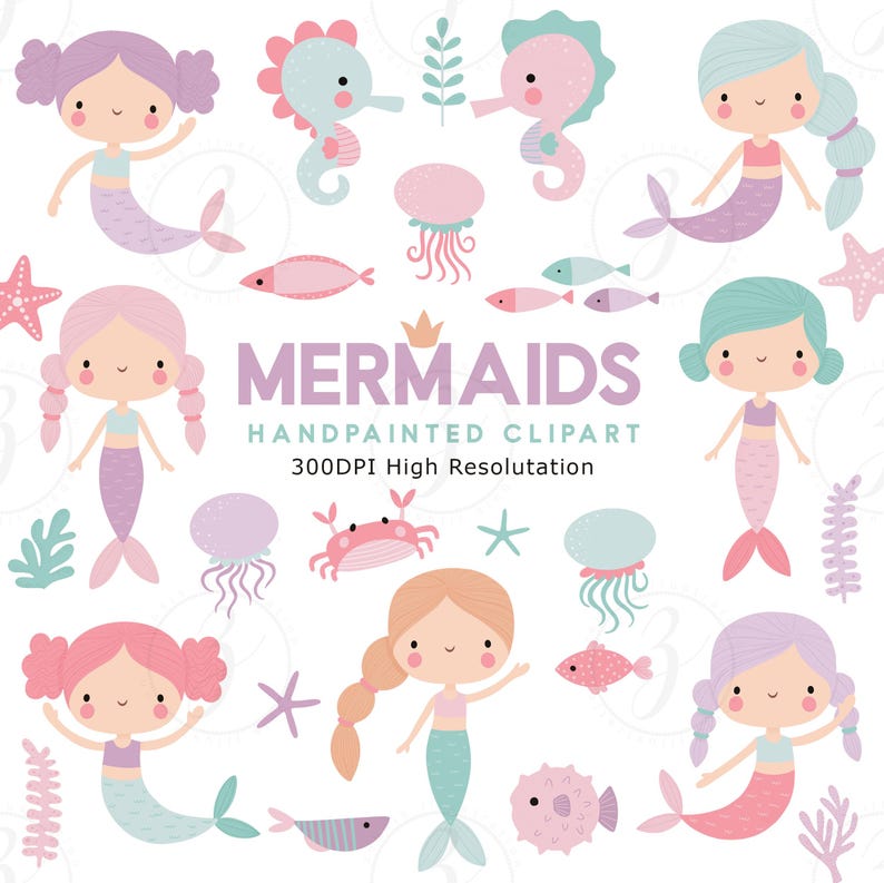 May include: A set of hand-painted digital clipart featuring mermaids, seahorses, jellyfish, and other ocean-themed elements. The clipart is perfect for creating invitations, cards, and other crafts.