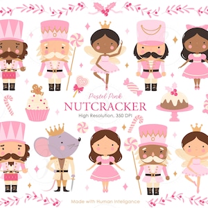 May include: A collection of pastel pink Nutcracker-themed illustrations. The image includes various characters such as nutcrackers, fairies, and a mouse king, along with sweets and decorative elements. Text reads "Pastel Pink Nutcracker".