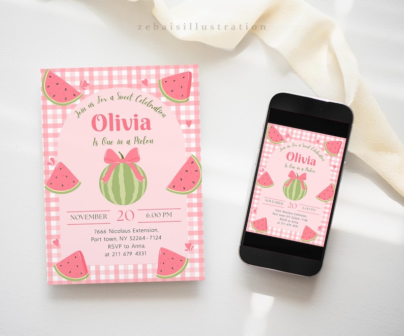 May include: A pink and white gingham invitation with watermelon slices and a watermelon graphic. The invitation reads "Join us for a Sweet Celebration Olivia Is One in a Melon" and includes event details on the bottom. A smartphone displays the same design.