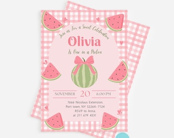 One in a Melon Birthday Invitation – Editable Template | Watermelon Theme Party Invite | Girl First Birthday | Sweet Summer Party Printable