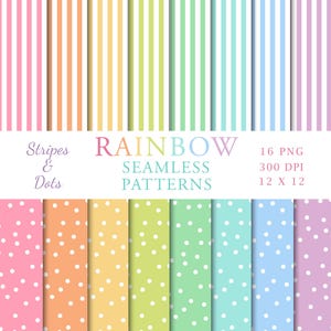 May include: A digital image displaying a variety of rainbow-coloured seamless patterns. The top row presents vertical stripes in different colours, and the bottom row shows polka dots. The text reads "Stripes & Dots" and "Rainbow Seamless Patterns".